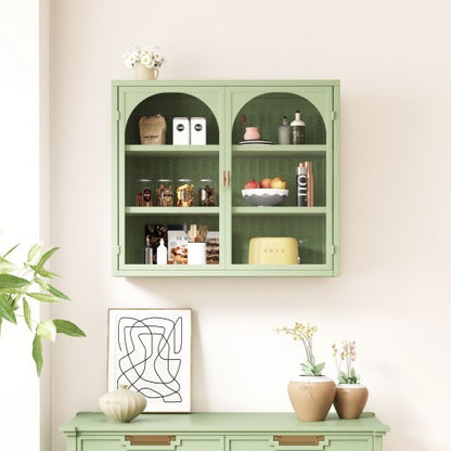US Local Glass Door Modern Two-door Wall Cabinet, Wall Cabinet With Characteristic Woven Pattern, Green