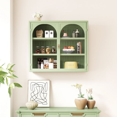 US Local Glass Door Modern Two-door Wall Cabinet, Wall Cabinet With Characteristic Woven Pattern, Green