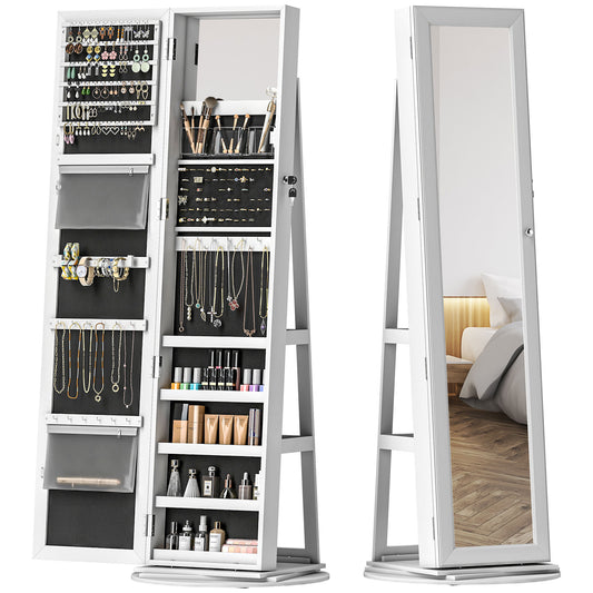 US Local Jewelry Armoire, Lockable Jewelry Cabinet With Full-Length Mirror, Storage Shelves, White