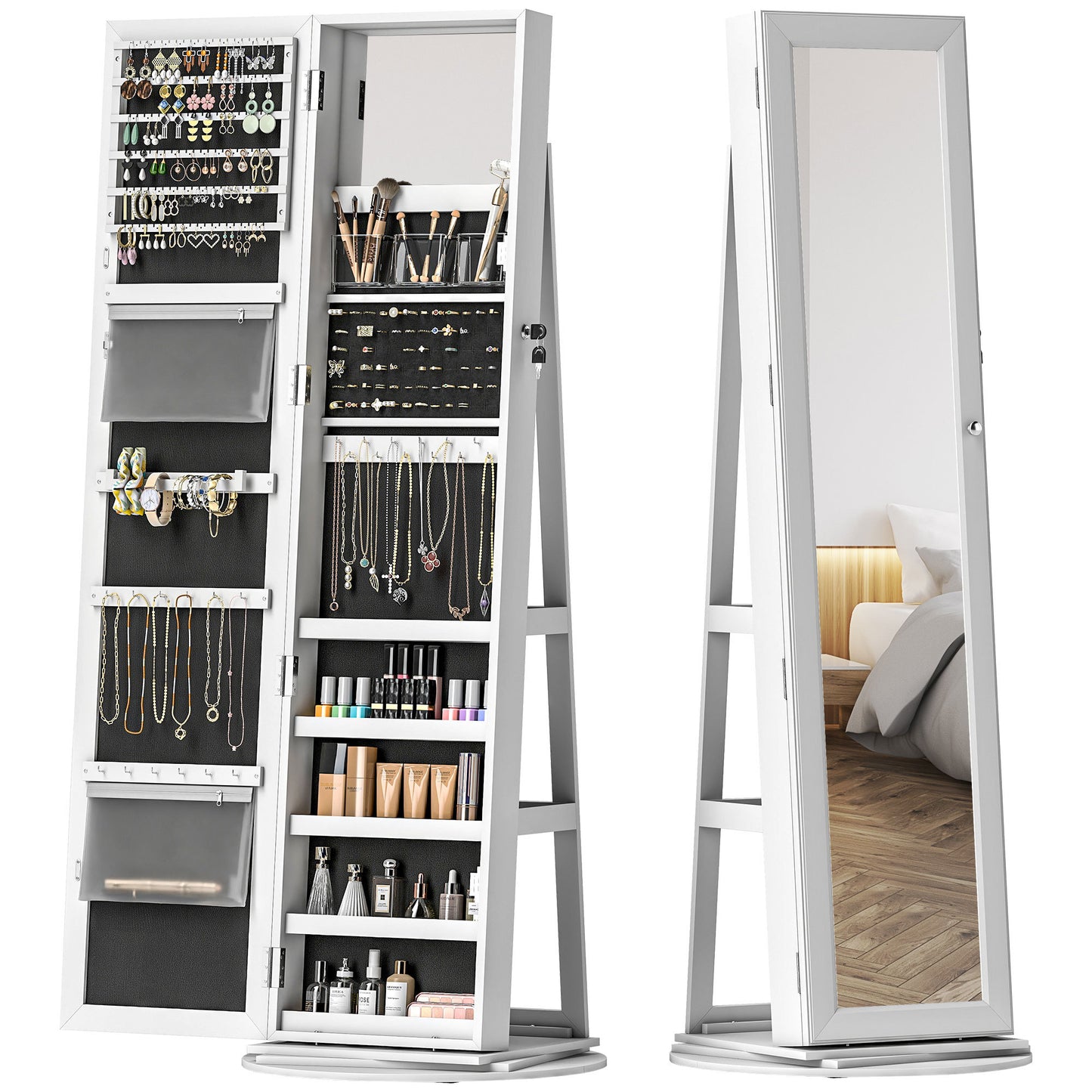 US Local Jewelry Armoire, Lockable Jewelry Cabinet With Full-Length Mirror, Storage Shelves, White