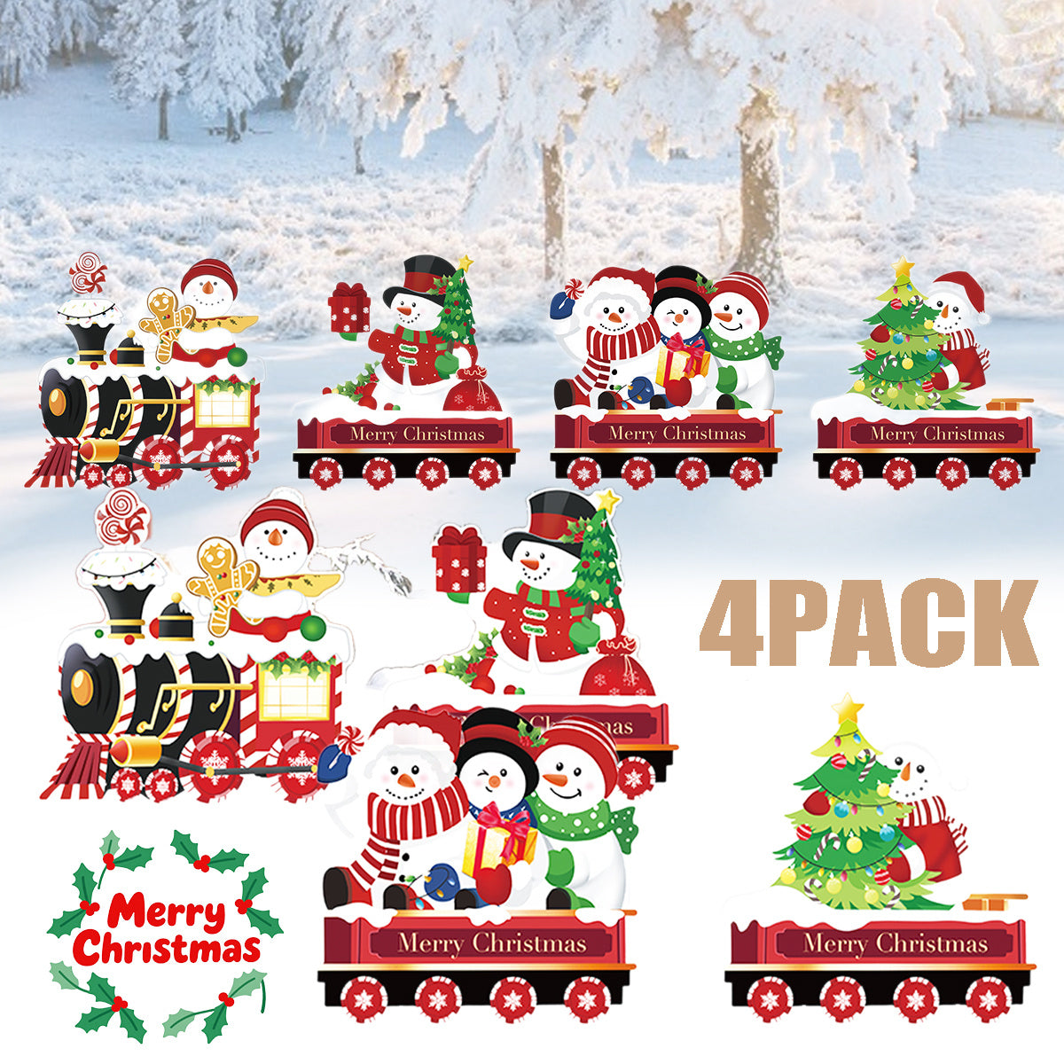 US Local 4 Pack Christmas Yard Signs With Plastic Stakes Xmas Train Snowman Christmas Tree Gift Lawn Signs For Yard Fence Garden Lawn Xmas Holiday Outside Decoration Supplies