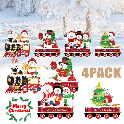 US Local 4 Pack Christmas Yard Signs With Plastic Stakes Xmas Train Snowman Christmas Tree Gift Lawn Signs For Yard Fence Garden Lawn Xmas Holiday Outside Decoration Supplies