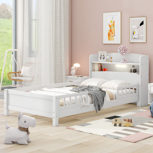 US Local Wood Twin Size Platform Bed With Built-in LED Light, Storage Headboard And Guardrail, White