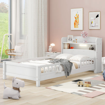 US Local Wood Twin Size Platform Bed With Built-in LED Light, Storage Headboard And Guardrail, White