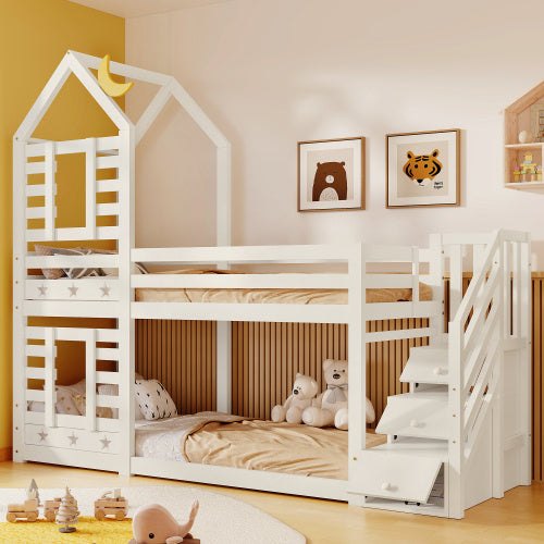 UK Local Bunk Bed Storage Children Cabin Bed Single Bed With Window For Kids, Twin Sleeper 190x90 Cm, Solid Pine Wood,3FT -White