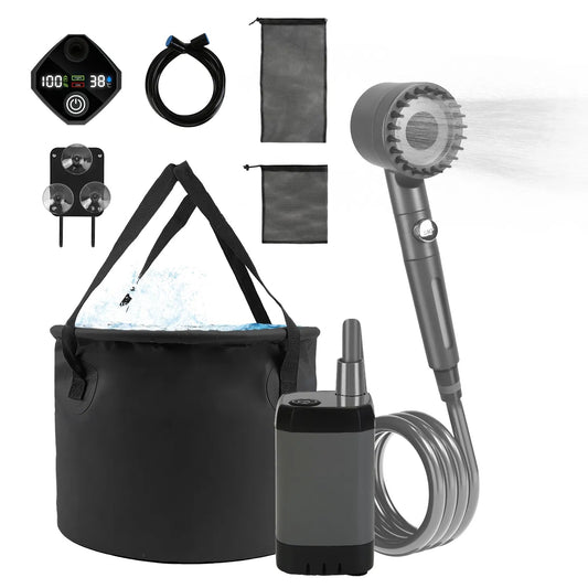 US Local Portable Shower For Camping Include IPX7 Waterproof 6000mAh Rechargeable Shower Filtered Shower Head 5.3Gallon Foldable Bucket For Hiking Beach Travel Car Pet GPCT5370