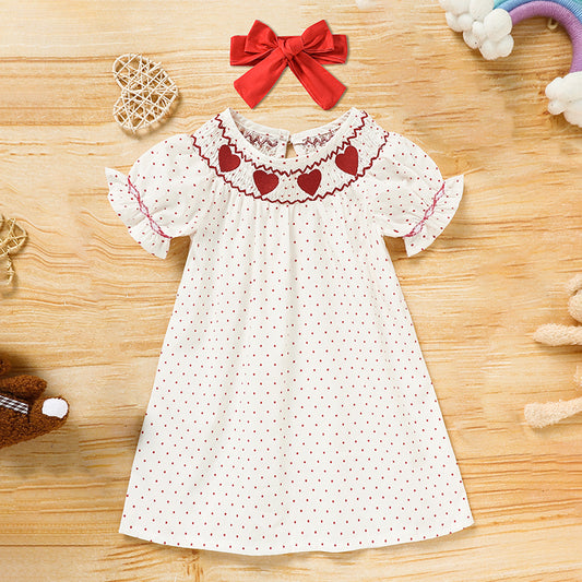 US Local Baby Girl's Valentine's Day Dress Short Sleeve Red Heart Embroidery Dress With Headband Smocked Princess Party Dress