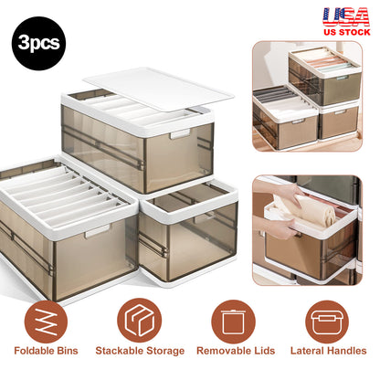 US Local 3 Pack Foldable Storage Bin With Lid Stackable Plastic Closet Organizer With Handle Divider Collapsible Drawer Organizer For Toys Clothes