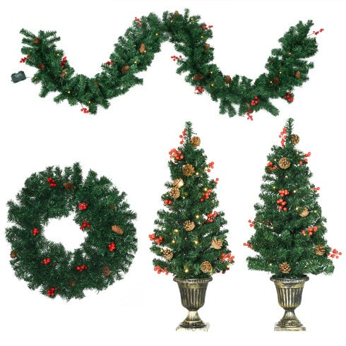 US Local HOMCOM Prelit Holiday Christmas 4-Piece Set, Garland Wreath And Set Of 2 Entrance Trees With Warm White LED Lights, Red Berries, Pine Cones, Green