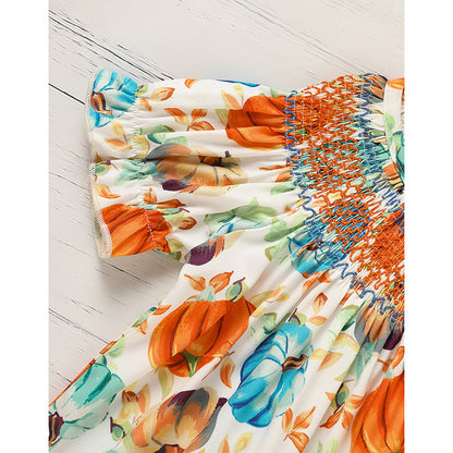 Toddler Baby Child Girl Pumpkin Smocked Dress Fall Thanksgiving Halloween Embroidered Princess Party Dresses Kids Fall Outfits Clothes