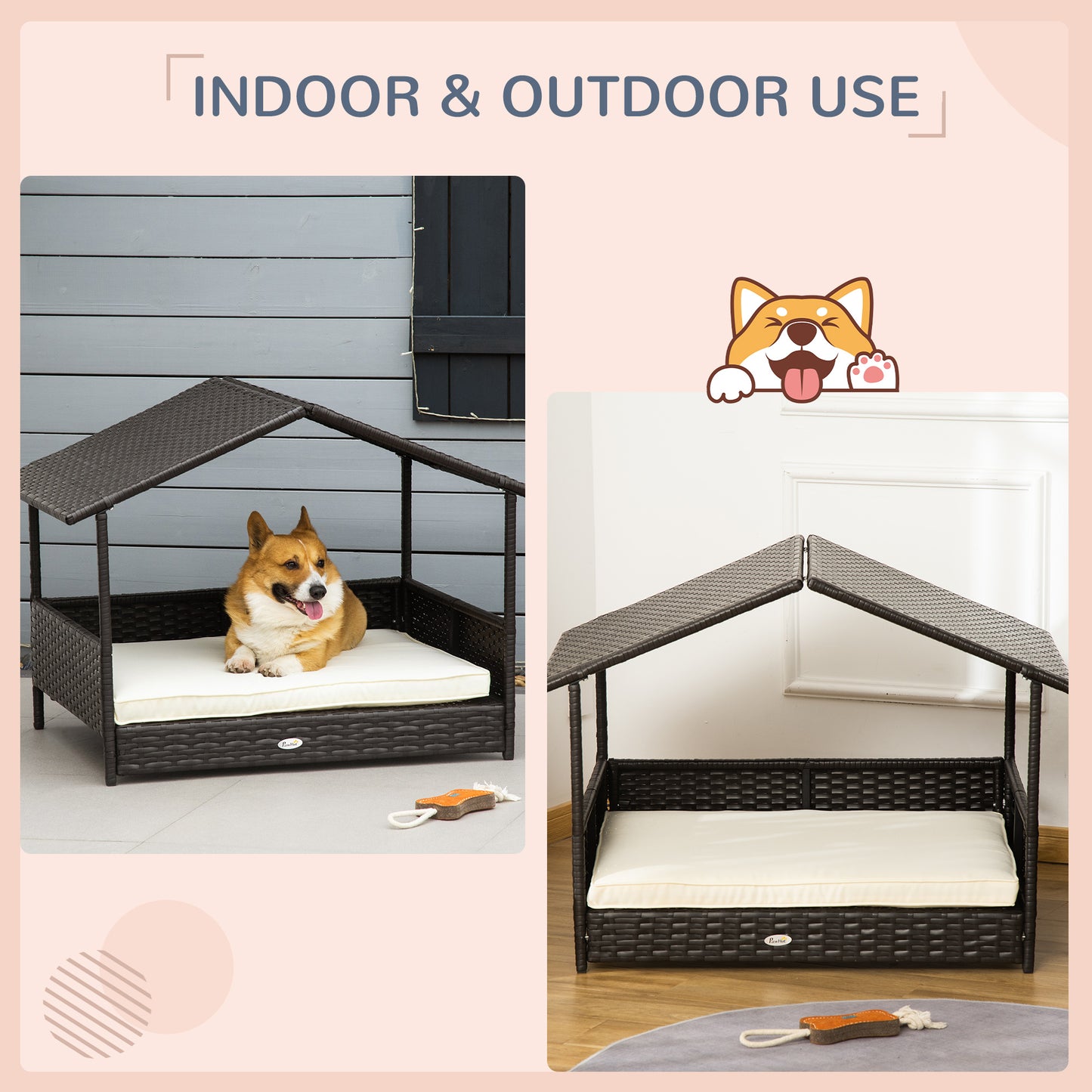 US Local Wicker Dog Bed Outdoor Elevated With Rattan Canopy Cushioned PE Rattan Dog Cat House Sleeping Pad Cream