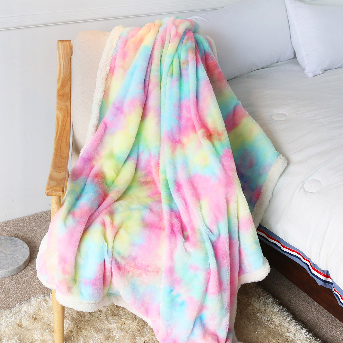 US Local 1 Piece Shaggy Blanket Plush Faux Fur Blanket For Bed Sofa Ultra Soft Luxury Sherpa Blanket Rainbow Colorful  Blanke