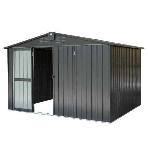 US Local Outdoor Storage Shed 10'x 8, Metal Garden Shed For Bike, Trash Can, Tools, Galvanized Steel Outdoor Storage Cabinet With Lockable Door For Backyard, Patio, Lawn  10x8ft, Dark Gray