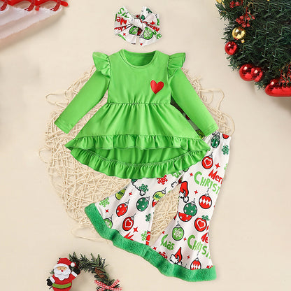 US Local Toddler Baby Girls Christmas Clothes Ruffle Long Sleeve Heart Print Tops Dress Christmas Ball Print Flared Pants With Headband Outfits Set