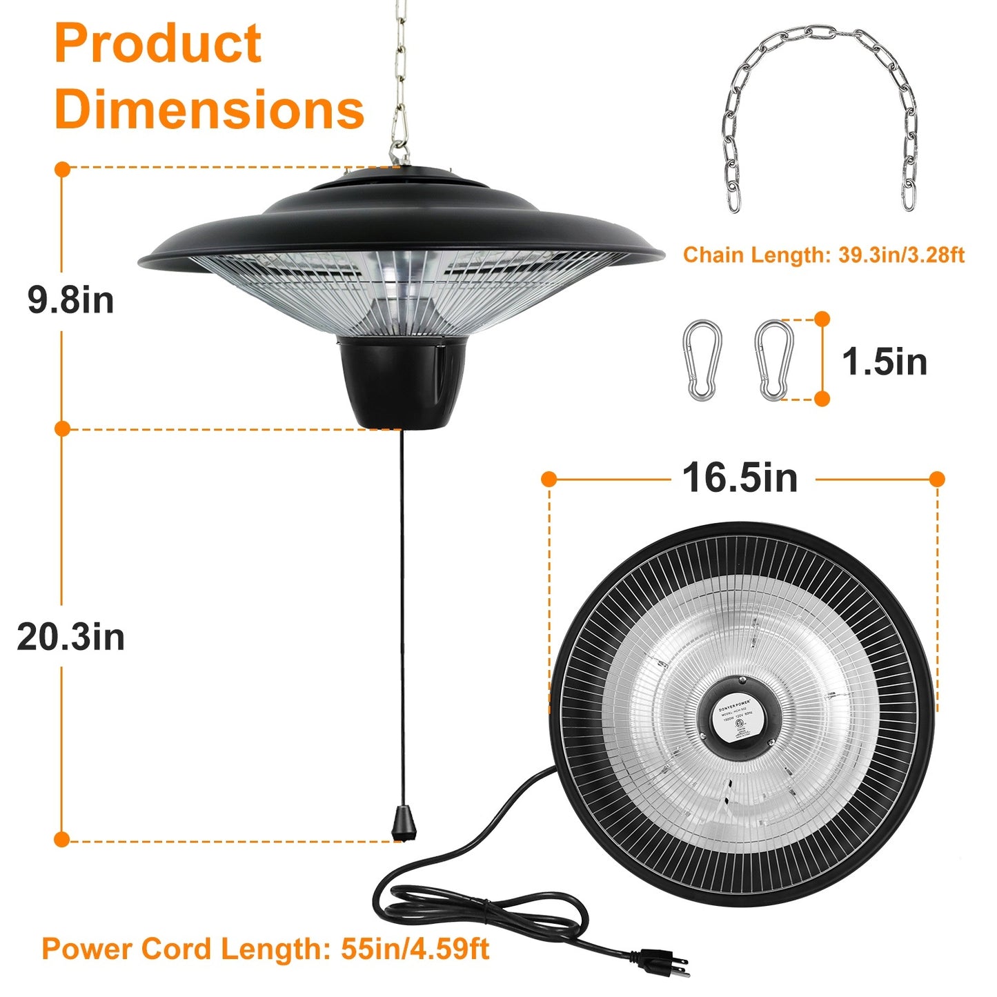 US Local 1Pc 1500W Outdoor Hanging Patio Heater Ultra-Quiet Electric Heating Lamp IP23 Waterproof 2 Heating Levels Overheating Protection Ceiling Mounted Outdoor Heater