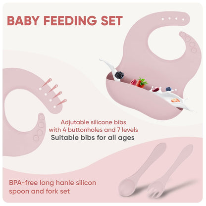 US Local Silicone Baby Feeding Set With Suction, 10 Pcs Baby Led Weaning Supplies With Suction Bowl Divided Plate Adjustable Soft Bib Spoon Fork Snack Cup With Lid And Other Utensils, Sakaura Pink