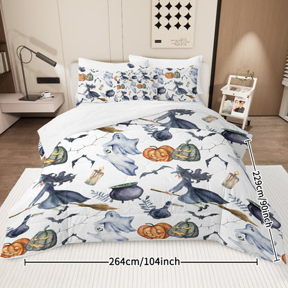 US Local 8 Pieces Halloween Comforter Set, Witch Pattern Bed In A Bag Bedding With Comforter Sheet Sham - 1 Comforter, 2 Pillow Shams, 1 Flat Sheet, 1 Fitted Sheet, 1 Cushion Cover, 2 Pillowcases