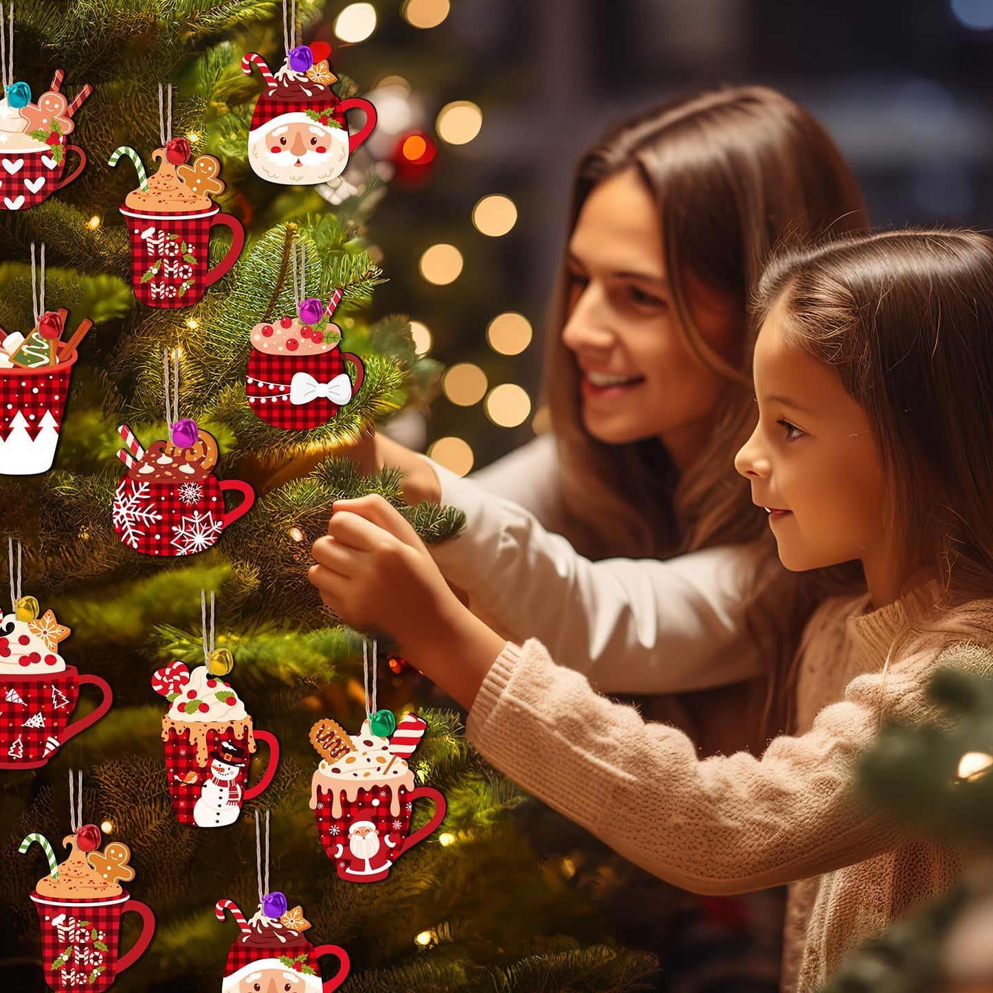 US Local 50 Pieces Christmas Wooden Ornaments Hot Cocoa Blanks Pendants Unfinished Predrilled Wood Buffalo Plaid Coffee Mug Slices Hanging For Xmas Festivals DIY Crafts Decoration, 10 Styles