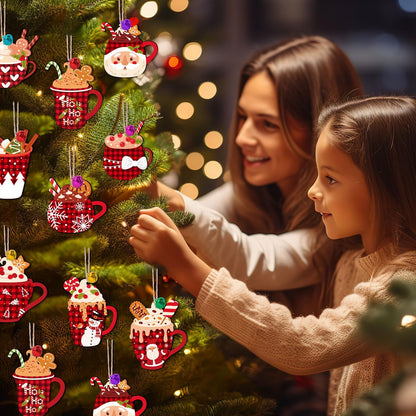 US Local 50 Pieces Christmas Wooden Ornaments Hot Cocoa Blanks Pendants Unfinished Predrilled Wood Buffalo Plaid Coffee Mug Slices Hanging For Xmas Festivals DIY Crafts Decoration, 10 Styles