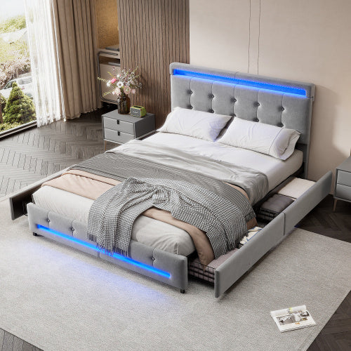 UK Local Upholstered Bed, 4ft6 Double Bed 135x190cm, Storage Bed, Soft Backrest, 4 Drawers With Pulleys, Light Strips Around The Bed, Metal Underbed Bracket, With Bed Slats, For Adults  Teenagers, Velvet,Grey
