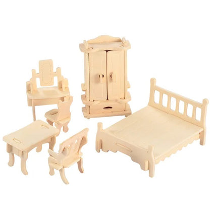 US Local 3D Wooden Dollhouse Furniture Puzzles DIY Miniature Furniture Models Set