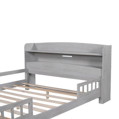 US Local Wood Full Size Platform Bed With Built-in LED Light, Storage Headboard And Guardrail, Antique Grey