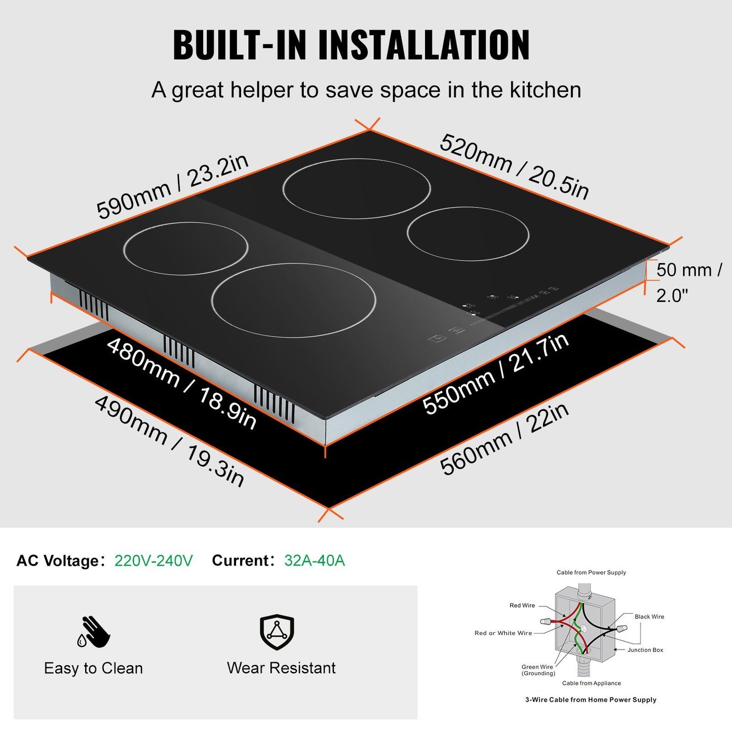 US Local VEVOR Built In Electric Stove Top, 20 X 11.6 Inch 2 Burners, 240V Glass Radiant Cooktop With Sensor Touch Control, Timer & Child Lock Included, 9 Power Levels For Simmer Steam Slow Cook Fry