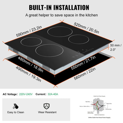 US Local VEVOR Built In Electric Stove Top, 20 X 11.6 Inch 2 Burners, 240V Glass Radiant Cooktop With Sensor Touch Control, Timer & Child Lock Included, 9 Power Levels For Simmer Steam Slow Cook Fry