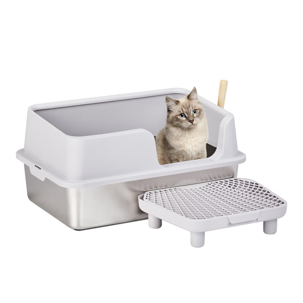 US Local 61x40x33CM, Litter Box, Stainless Steel And Plastic, Upper And Lower Snap Type, With Litter Spatula, Foot Pad - Grey