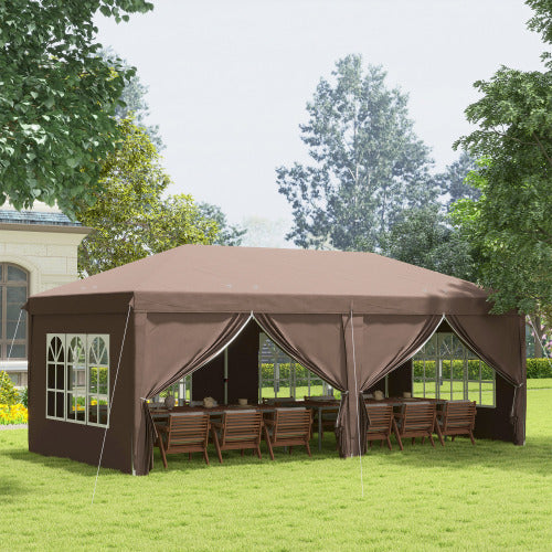 UK Local Outsunny 3 X 6 M Pop Up Gazebo With Sides And Windows, Height Adjustable Wedding Camping Party Tent Canopy Marquee With Storage Bag For Garden, Event, Brown