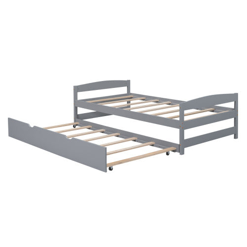 US Local Twin Size Platform Bed With Twin Size Trundle, Gray