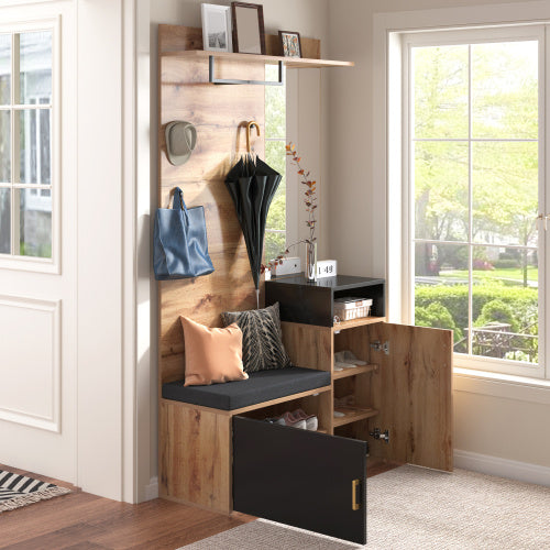 UK Local Wardrobe Set, With 4 Coat Hooks, Mirror, Shoe Cabinet, Wall-mounted Coat Rack, Upper Storage Shelf, Hallway Wardrobe With Bench Seat.