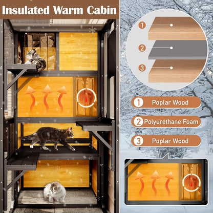 US Local GO Large Cat Catio 4 Tiers Cat Enclosure For Outdoor, Cat House Weatherproof Attached To Window For Multiple Cats With Platforms And Resting Rooms, Brown