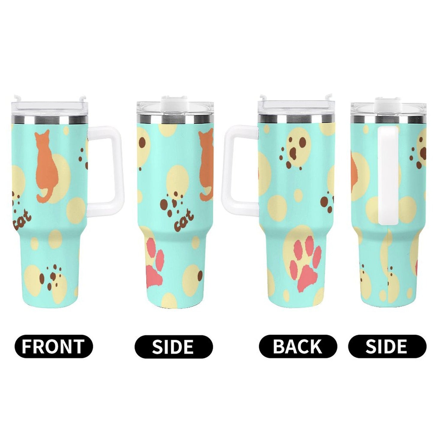 PHDT00209 POD US Local Tumbler 40 oz Large Capacity Car Cup Cat footprint cyan yellow polka Dot