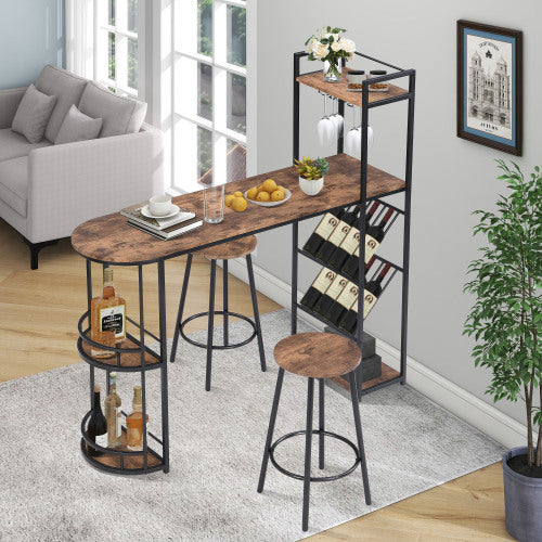 UK Local Industrial Bar Table Set With 2 Chairs, Counter Height Kitchen Dining Table, Wine Rack, And Side Storage, Rustic Brown