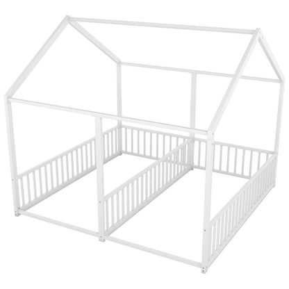 US Local Metal Twin Size House Platform Beds, Two Shared Beds, White
