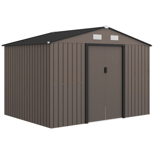 UK Local Outsunny 9 X 6ft Metal Garden Shed, Outdoor Storage Tool House With Ventilation Slots, Foundation Kit And Lockable Double Doors, Brown