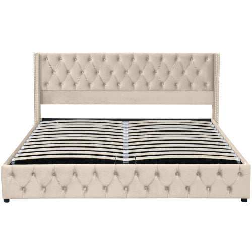 UK Local Upholstered Bed, With Hydraulic Lever, Functional Bed From Storage, 150 X 200 Cm, Without Mattress, Velvet, Beige