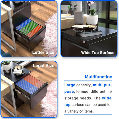 US Local 2 Drawer Vertical File Cabinet With Lock, Mobile Metal Filing Cabinet For Legal Letter Size, Office Storage File Cabinet Under Desk, Fully Assembled Except Wheels, Black