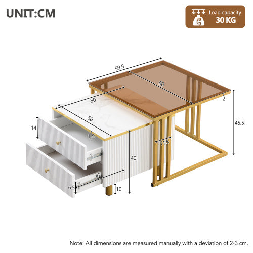 UK Local Coffee Table Set Of 2, Nesting Coffee Table With Marble Pattern, Modern Gold Nesting Side Table, Coffee Table With Drawer, Metal Frame Square End Table, Center Tables For Living Room,Bedroom And Small