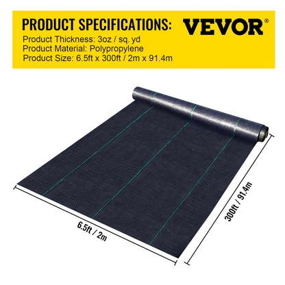 US Local VEVOR 6.5FTx300FT Premium Weed Barrier Fabric Heavy Duty 3OZ, Woven Weed Control Fabric, High Permeability Good For Flower Bed, Geotextile Fabric For Underlayment, Polyethylene Ground Cover