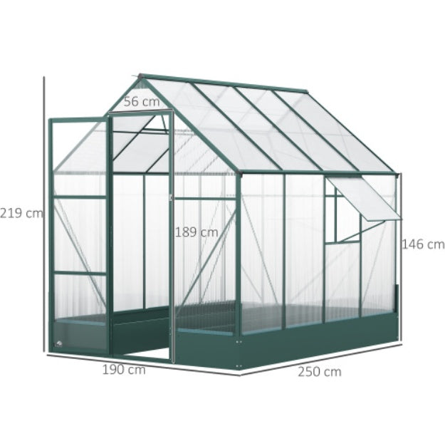 UK Local Outsunny 6x8 FT Polycarbonate Greenhouse With Base And Raised Bed, Walk-in Greenhouse With Aluminium Frame, Temperature Controlled Window, Foundation For Plants, Flowers, Vegetable