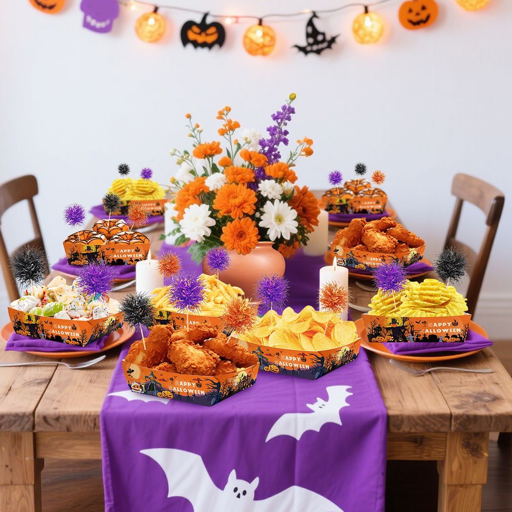 US Local 72 Pcs Halloween Party Supplies Halloween Disposable Paper Food Trays With 60 Pcs Firework Party Picks For Halloween Food Storage Charcuterie Board Serving