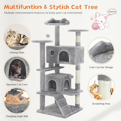 US Local 54 -Cat Tree Tower - Multi-level With Sisal Grab Post, Indoor Apartment With Ladder, Plush Toys, Rest And Play