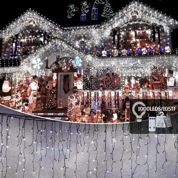 US Local 105ft Outdoor Christmas Decoration Lights,1000 LED 8 Modes Curtain Fairy Lights With 50 Drops,Plug In,Waterproof,Timer,Memory Function For Christmas Holiday Wedding Party Decorations