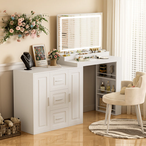 US Local 59 Makeup Vanity Desk With Mirror, Vanity Mirror With Lights, Dressing Table With 3 Drawers And 2 Cabinets, Vanity Table With Storage Shelves For Bedroom, White