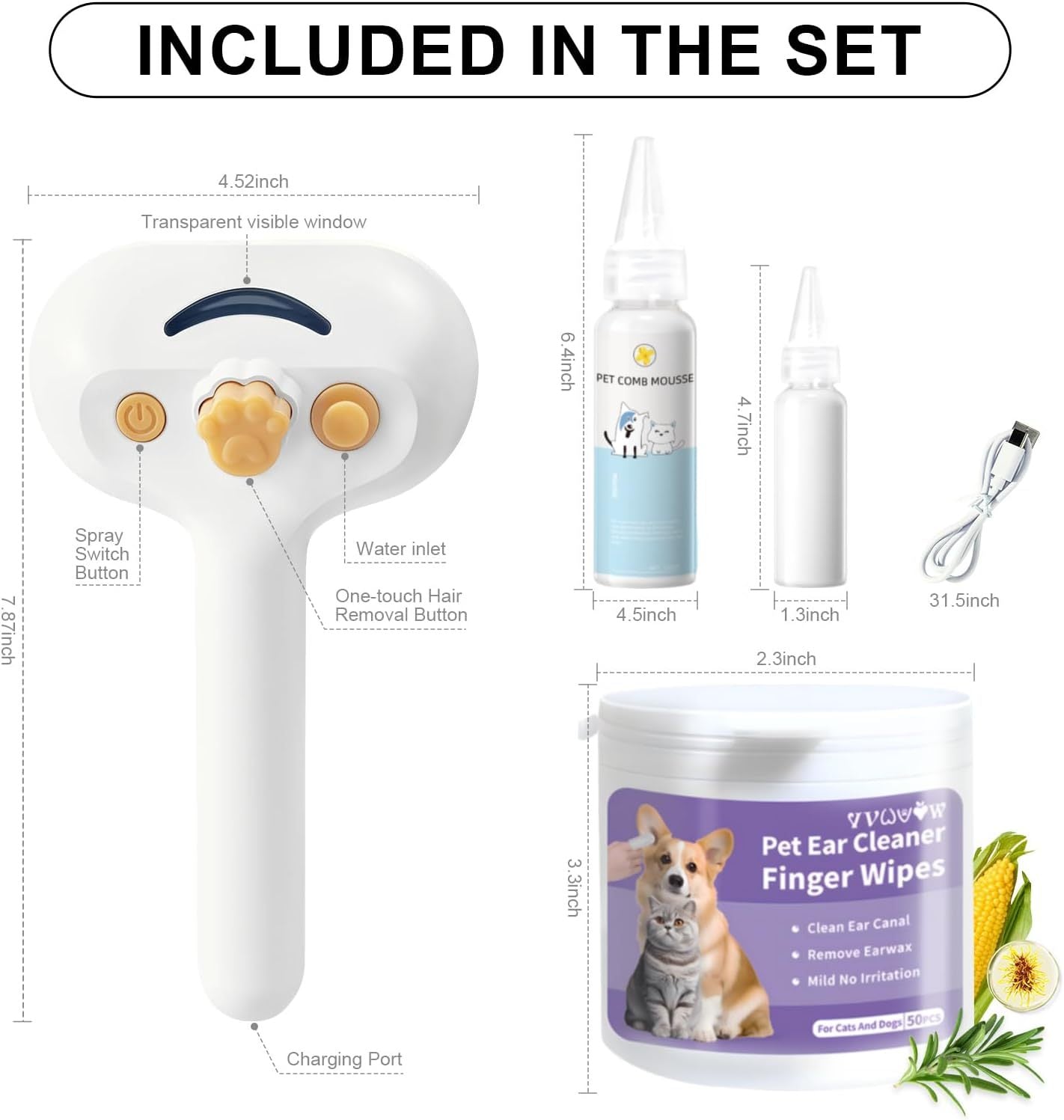 US Local Universal Pet Steam Brush For Cats And Dogs 3-in-1 Spray Hair Removal Comb With Waterless Shampoo And Ear Towel