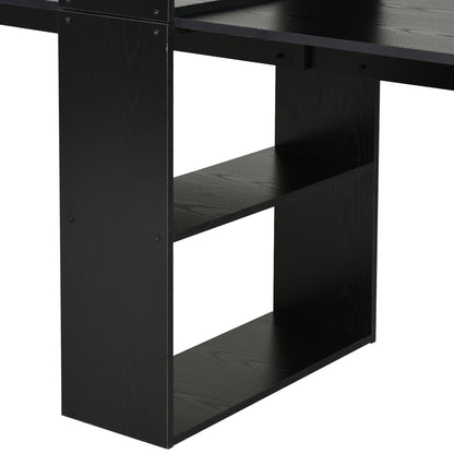 US Local Extra Long 2-Person Desk With Bookshelf Black Home Office Workstation Combo