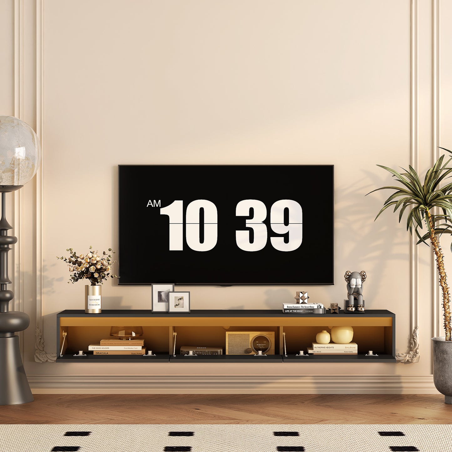 US Local Floating TV Stand, Wall Mounted TV Shelf With Led Lights & Power Outlet,High Gloss TV Cabinet For Black Tv Stands For Living Room