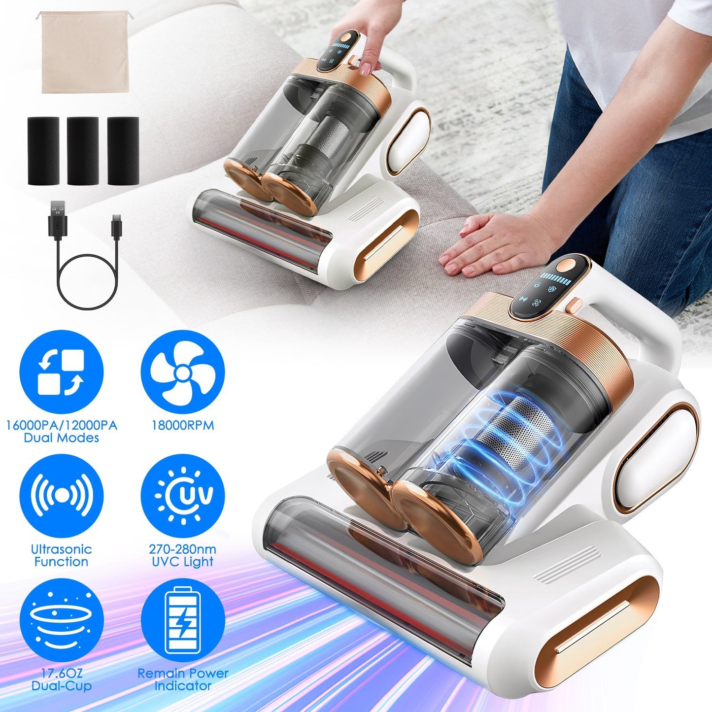 US Local 1Pc Mattress Vacuum Cleaner 16Kpa Bed Vacuum Cleaner Handheld Vacuums With Ultrasonic And UVC Light 18000 RPM Brushroll Rotation Dual Dust Bins Washable Filters For Bed Pillows Cribs Sofa